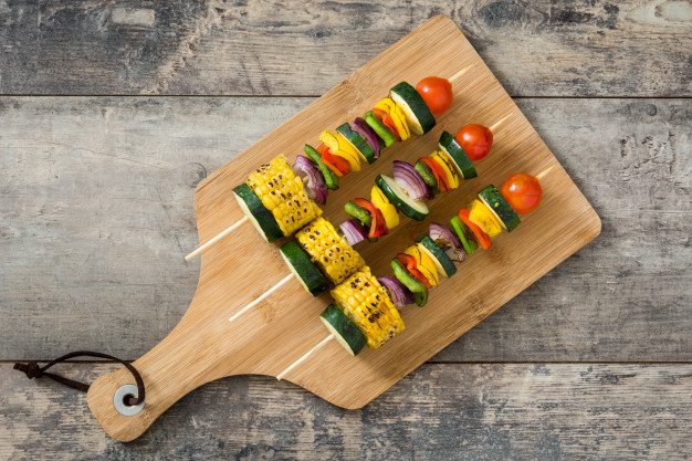 vegetable skewers wooden table top view 123827 2563